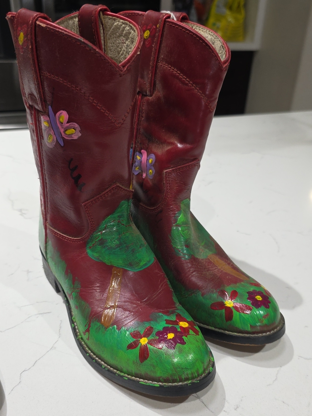 Justin Kids' Hand Painted Leather  Boots with  Floral Accents Size 12